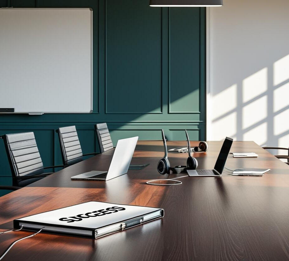 An Office with teal walls and a table with laptops and other electronics on its surface. Light shines through the right side of the room. A ring-bound notebook with success written on it is infront of the electronics.